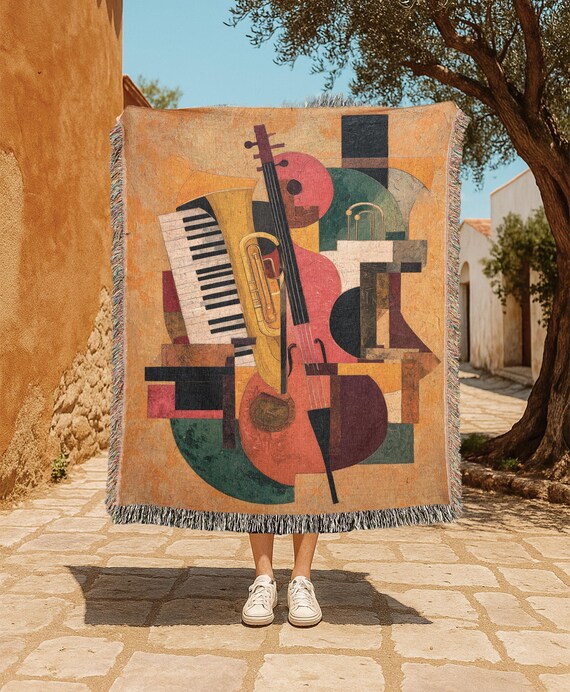 Abstract Music Instrument 100% Cotton Woven Blanket, Jazz String