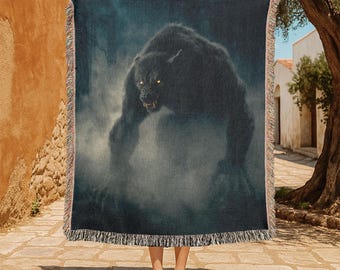 Werewolf Horror 100% Cotton Woven Blanket, Gothic Monster Tapestry, Halloween Lycan Woven Throw, Dark Fantasy Mythical Creature Fan Blanket