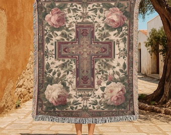 Religious Cross 100% Cotton Woven Blanket, Spiritual Christian Prayer Woven Blanket, Faith Floral Throw Blanket, Inspirational Bible Verse