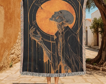 Manta de algodón 100 % con esqueleto gótico, manta de Halloween espeluznante, tapiz tejido para regalar a un amigo ocultista y brujo, fan del terror de Dark Academia