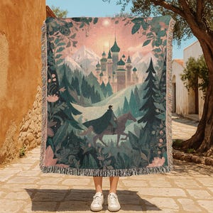 Fantasy Reader Gift 100% Cotton Woven Blanket, Fairy Tale Castle Woven Tapestry, Book Lover Hobby Throw Blanket, Storybook Adventure Blanket