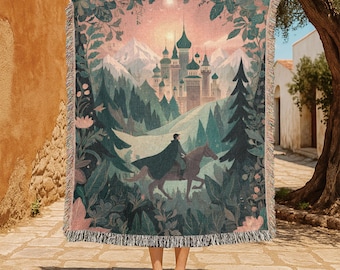 Fantasy Reader Gift 100% Cotton Woven Blanket, Fairy Tale Castle Woven Tapestry, Book Lover Hobby Throw Blanket, Storybook Adventure Blanket