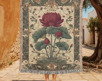 Vintage Botanical 100% Cotton Woven Blanket, Lotus Flower Woven Blanket, Meditation Spiritual Woven Blanket, Nature Lover Woven Blanket.