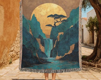 Coperta in 100% cotone intrecciato con arte giapponese, coperta decorativa spirituale, arazzo intrecciato per amanti della natura, regalo per la meditazione, inaugurazione della casa per escursionisti