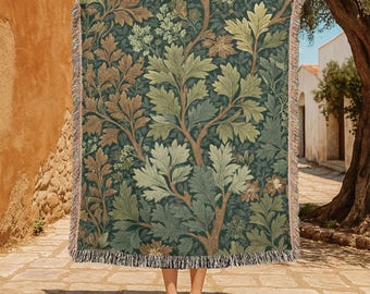 Vintage botanische 100% katoenen geweven deken, deken bloemen plantenbladeren, natuurliefhebber geweven deken, tuin hobbyliefhebber deken.