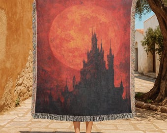 Gothic Castle Silhouette 100% Cotton Woven Blanket, Sunset Moon Woven Throw Blanket, Dark Fantasy Castle Blanket, Halloween Home Decor