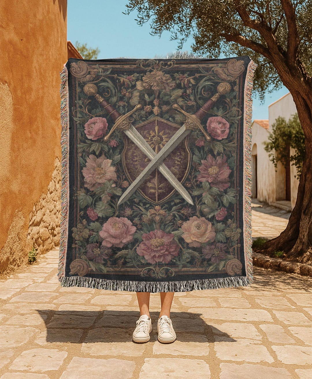 Knight Shield Throw Medieval Knight Shield & Swords 100% Cotton Woven Blanket, Vintage ...