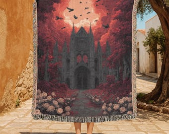Gothic Cathedral 100% Cotton Woven Blanket, Dark Academia Decor Tapestry, Vampire Lover Gift Woven Throw, Romantic Goth Wedding Gift, Spooky