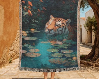 Cobertor 100% algodão Tiger Lover, manta tecida com tema de animais, presente para amigos, tapeçaria tecida para amantes da natureza, presente para zoólogos, inauguração de casa