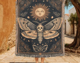 Celestial Moth 100% bomullsvävd filt, häxig Halloween-dekoration vävd gobeläng, gotisk dödskalle sol måne pläd, astrologiälskare gåva