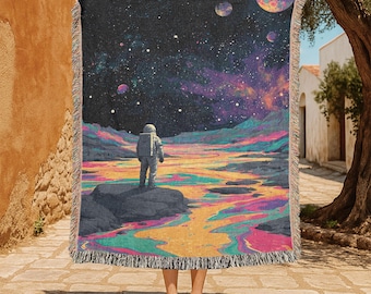 Astronaut Adventure Woven Blanket 100% Cotton, Red Planet Space