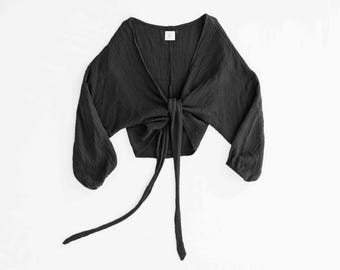 Wikkelblouse, handgemaakt ontwerp, lange mouwen, one size, Tetra, Oeko-Tex - duurzame mode