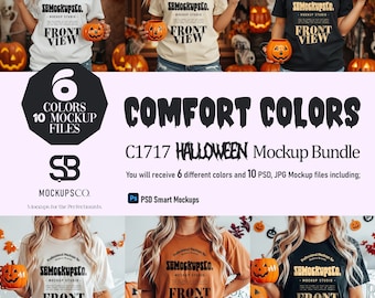 Halloween Tshirt Mockup Bundle: Comfort Colors 1717,  Aesthetic Trendy Mock-up (JPG & PSD)