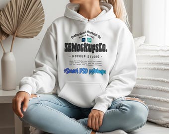 Maqueta de sudadera con capucha blanca Gildan 18500, maqueta de sudadera con capucha G185, maqueta PSD inteligente, maqueta estética bohemia moderna y minimalista simple.
