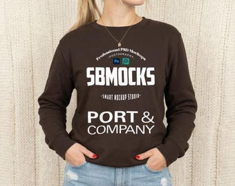 Dark Chocolate Sweatshirt Mockup, Port&Co PC78 Brown Crewneck Sweatshirt Mock-up, Smart PSD Mockup Simple Minimal Cozy Port and Company Mock