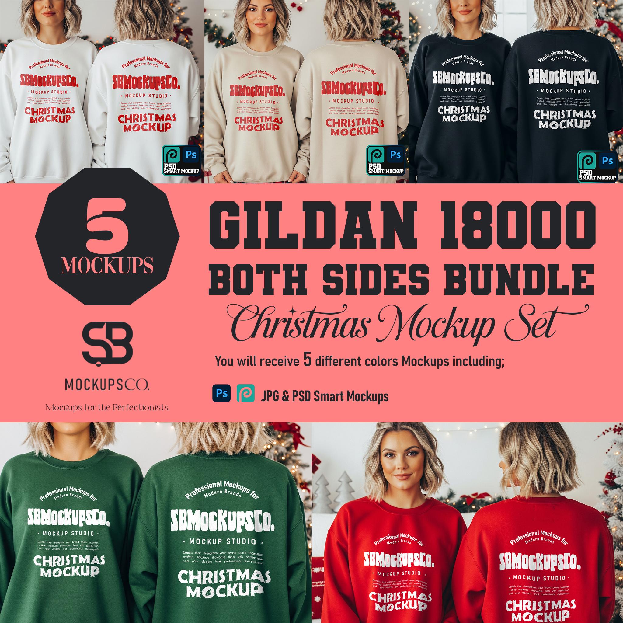 Gildan 18000 クリスマス スウェットシャツ モックアップ セット：両面 