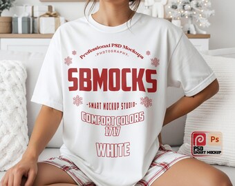Christmas Comfort Colors 1717 White T-Shirt Mockup (PSD)