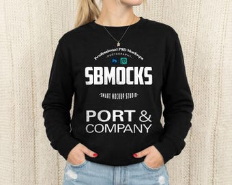 Jet Black Sweatshirt Mockup, Port&Co PC78 Black Crewneck Sweatshirt Mock-up, Smart PSD Mockup, Simple Minimal Cozy Port and Company Mock
