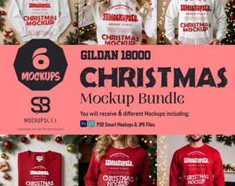 May include: A mockup bundle showcasing white and red Christmas sweatshirts. The sweatshirts have the text "CHRISTMAS MOCKUP" and "GILDAN 18000". The image also includes the text "6 MOCKUPS" and "Mockup Bundle".