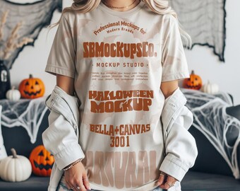 Halloween T-Shirt Mockup: Bella Canvas 3001 Natural, Fall Scene (JPG & PSD)