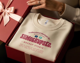 Gildan 18000 Sand Folded Sweatshirt Gift Mockup, G180 Sand Beige Crewneck Flat Lay Mock-up, Gift Mockup, Trendy Valentine's Day PSD Mockup.