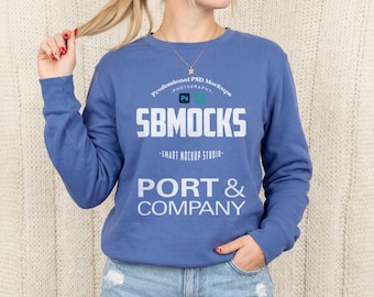 Caroline Blue Sweatshirt Mockup, Port&Co PC78 Blue Crewneck Sweatshirt Mock-up, Smart PSD Mockup, Simple Minimal Cozy Port and Company Mock