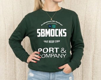 Dark Green Sweatshirt Mockup, Port&Co PC78 Green Crewneck Sweatshirt Mock-up, Smart PSD Mockup Simple Minimal Cozy Port and Company Mock