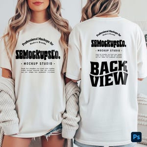 May include: Cream-colored t-shirt mockup with the text "Professional Mockups for Modern Brands" and "SB Mockups Co. - Mockup Studio" on the front. The back of the shirt displays "Back View" in bold letters. The shirt is worn by a person.