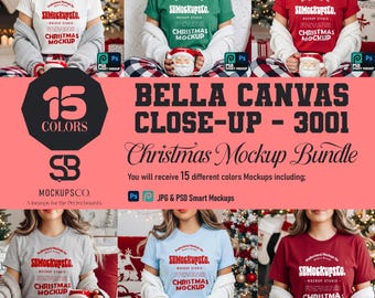 May include: A mockup bundle featuring Bella Canvas 3001 t-shirts in various colors. The image displays multiple t-shirts with the text "Christmas Mockup" and "SBMOCKUPSCO." printed on them. The bundle includes 15 colors and offers JPG & PSD Smart Mockups.