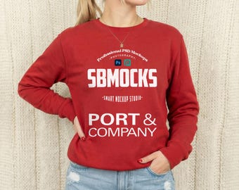 Red Sweatshirt Mockup, Port&Co PC78 Red Crewneck Sweatshirt Mock-up, Smart PSD Mockup, Simple Minimal Cozy Port and Company Mock