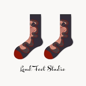 Edgy Patchwork Socks, Abstract Face Art Crew Socks, Gothic Alternative Streetwear, Stitched Detail, Unique Artist Gift for Him & Her