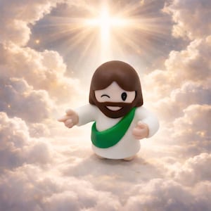 Peut inclure: Figurine de dessin animé de Jésus, les yeux plissés et pointant, avec des cheveux et une barbe bruns, vêtu d'une robe blanche et d'une écharpe verte. Le fond présente une croix dans le ciel avec une lumière vive et des nuages moelleux.