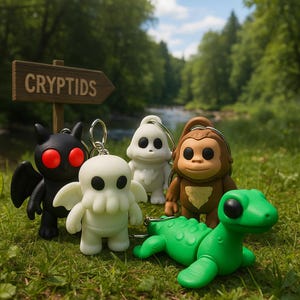 Puede incluir: Una colección de llaveros con temática de críptidos. Los llaveros incluyen un mothman negro con ojos rojos, una figura blanca parecida a Cthulhu, un fantasma blanco, una criatura marrón con forma de simio y un monstruo verde del lago. Un letrero de madera que dice "CRYPTIDS" está en el fondo.