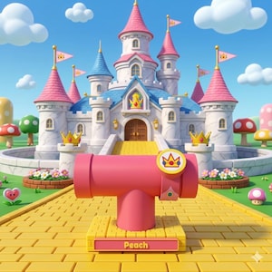 Op de afbeelding: Een roze, T-vormig object met een kroonembleem, geplaatst op een gele basis met de naam "Peach". De achtergrond toont een grillig kasteel met roze en blauwe torens, vlaggen en wolken, wat een fantasiethema oproept.