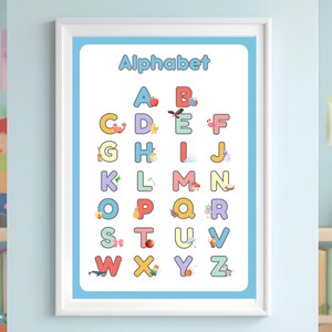 May include: A framed alphabet chart with colourful letters and illustrations. The word "Alphabet" is at the top. Each letter is decorated with a corresponding image, such as an apple for "A" and a bird for "B". The chart is in a white frame.