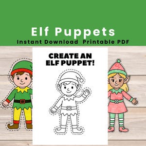 Puede incluir: Un PDF imprimible con el texto "Elf Puppets" y "Create an Elf Puppet!". Se muestran tres marionetas de duendes, dos coloreadas y una delineada. Los duendes llevan sombreros y trajes. El fondo es una textura de madera.