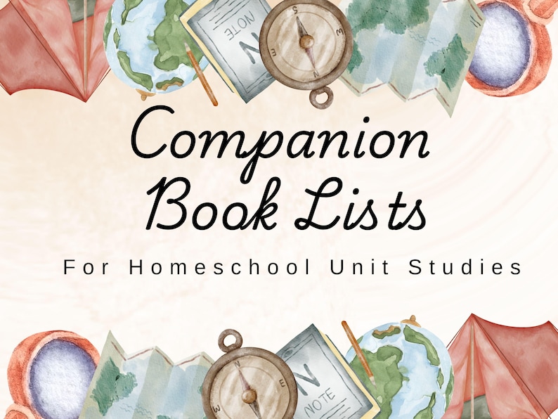 Pode incluir: Ilustra&ccedil;&atilde;o em aquarela com o texto "Listas de Livros Companheiros para Estudos de Unidades Dom&eacute;sticas". A imagem apresenta uma b&uacute;ssola, mapas, globos e uma tenda, sugerindo um tema de viagem ou educacional. A paleta de cores inclui bege, marrom, verde e vermelho.