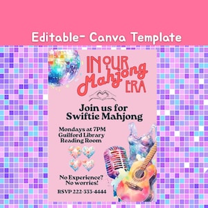 Inbjudan till tjejkväll i vår Mahjong-era | Redigerbar Canvas-mall | Inbjudan till Pop Princess Mahjong-fest