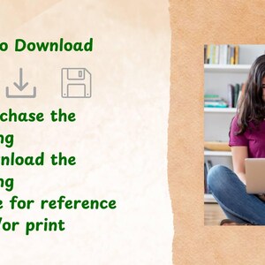 Pode incluir: Imagem mostrando instru&ccedil;&otilde;es de download: Comprar, Baixar e Salvar. Uma mulher est&aacute; sentada de pernas cruzadas, sorrindo e usando um laptop. Ela est&aacute; vestindo uma camisa roxa e jeans azuis. Estantes de livros est&atilde;o ao fundo.