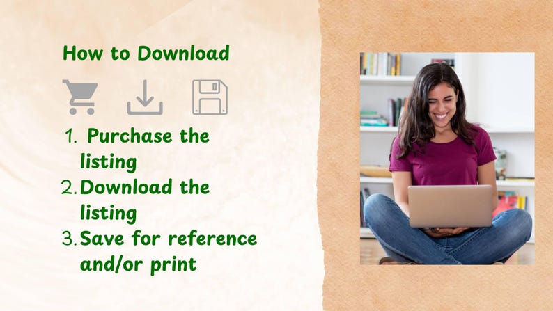 Pode incluir: Imagem mostrando instru&ccedil;&otilde;es de download: Comprar, Baixar e Salvar. Uma mulher est&aacute; sentada de pernas cruzadas, sorrindo e usando um laptop. Ela est&aacute; vestindo uma camisa roxa e jeans azuis. Estantes de livros est&atilde;o ao fundo.