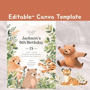 May include: A birthday invitation Canva template with a jungle theme. The design features illustrations of a lion, tiger, and bear, with the text "Jackson's 6th Birthday". The invitation includes green foliage and a light background.
