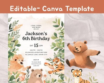 Convite personalizável Leões, Tigres e Ursos, link para modelo do Canva, download digital