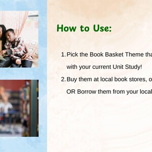 Pode incluir: A imagem apresenta uma fam&iacute;lia lendo um livro, um carrinho verde cheio de livros e texto com instru&ccedil;&otilde;es sobre como usar um tema de cesta de livros, incluindo a compra ou o empr&eacute;stimo de livros.