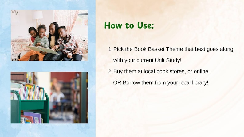 Pode incluir: A imagem apresenta uma fam&iacute;lia lendo um livro, um carrinho verde cheio de livros e texto com instru&ccedil;&otilde;es sobre como usar um tema de cesta de livros, incluindo a compra ou o empr&eacute;stimo de livros.