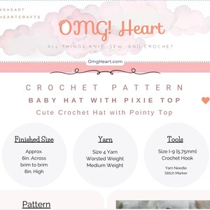 Peut inclure: Patron de crochet pour un bonnet bébé avec un sommet en forme de lutin. Le patron comprend des instructions pour un bonnet d'environ 15 cm de diamètre et 20 cm de haut. Le patron comprend également une liste des matériaux nécessaires, notamment du fil de laine de poids moyen de taille 4, un crochet de taille 1-9, une aiguille à laine et un marqueur de point.