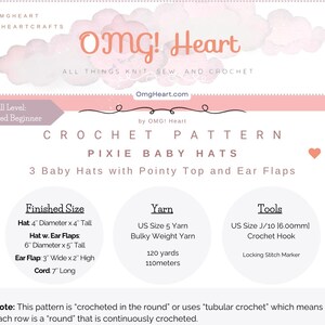 May include: A crochet pattern for making three pixie baby hats with pointy tops and ear flaps. The pattern includes instructions for the hat, ear flaps, and cord, as well as yarn and tool recommendations. The pattern is for advanced beginners.