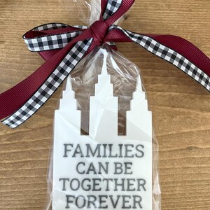 May include: A white, architectural-shaped ornament with the text "FAMILIES CAN BE TOGETHER FOREVER" in black, packaged in clear cellophane. The package is tied with a burgundy ribbon with a black and white checkered edge.
