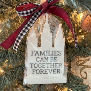 May include: A white ornament shaped like a building, packaged in clear cellophane and tied with a burgundy and black checkered ribbon. The ornament has the text "FAMILIES CAN BE TOGETHER FOREVER" in gray. The ornament is hanging on a Christmas tree.