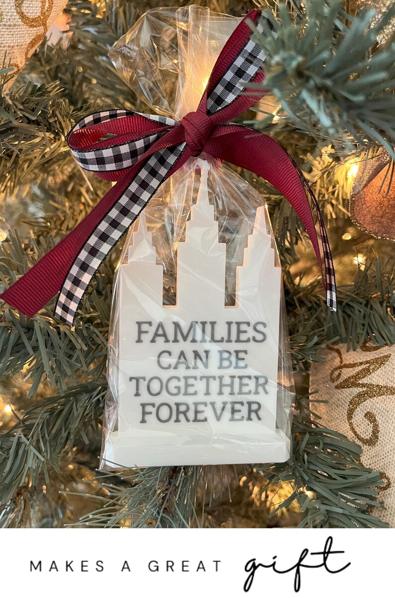 May include: A white ornament shaped like a building, packaged in clear cellophane and tied with a burgundy and black checkered ribbon. The ornament has the text "FAMILIES CAN BE TOGETHER FOREVER" in gray. The ornament is hanging on a Christmas tree.