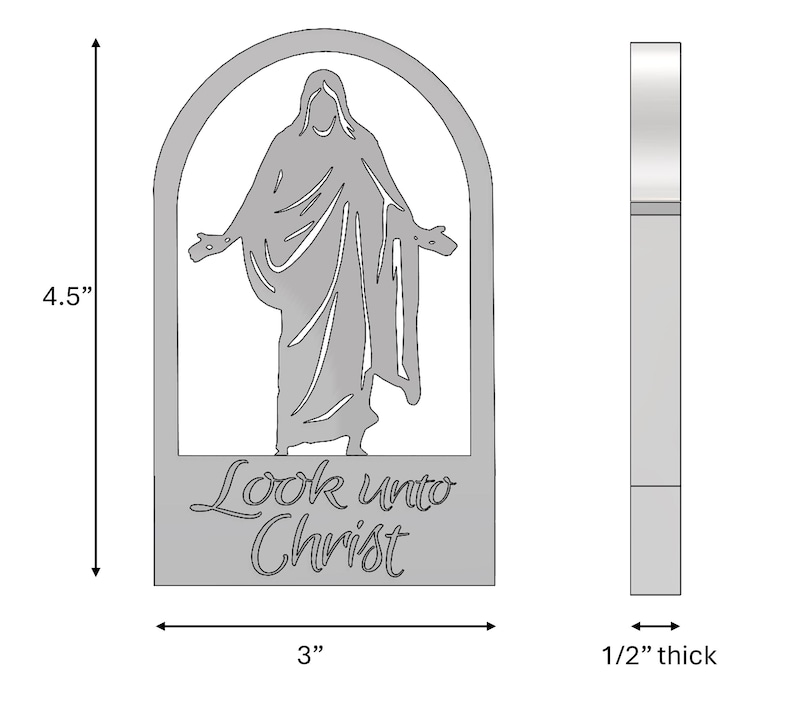 May include: A silver-colored metal religious wall hanging. The design features a figure with outstretched arms within an arched frame. The text "Look unto Christ" is below the figure. The wall hanging is 4.5 inches tall, 3 inches wide, and 0.5 inches thick.